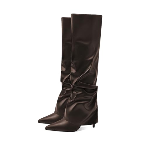 Image of Women's Knee High Boots Fold Over High Heel Pointed Toe Black White Long Boots Women Dress Tall Boots for Women