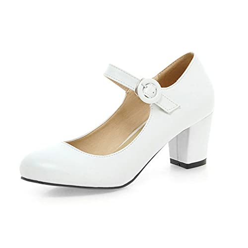 Mary Janes Escarpins à talons hauts classiques à bout rond et sangle à boucle pour femme - Blanc - blanc, 36.5 EU Cover