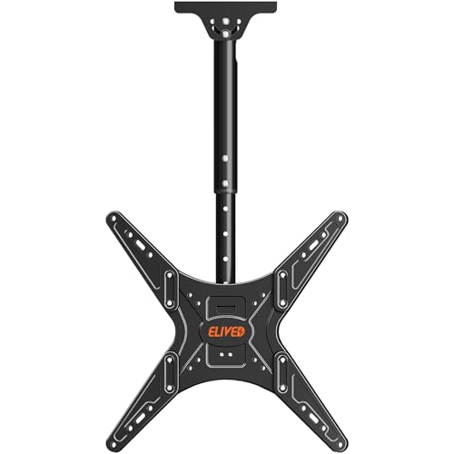ELIVED Outdoor Ceiling TV Mount for Most 26-65 Inch TVs Weatherproof TV Hanging Bracket Anti-Rust for Patio Height Adjustable Ceiling Mount 360 Swivel and Tilt Max VESA 400x400mm Up to 99 lbs.