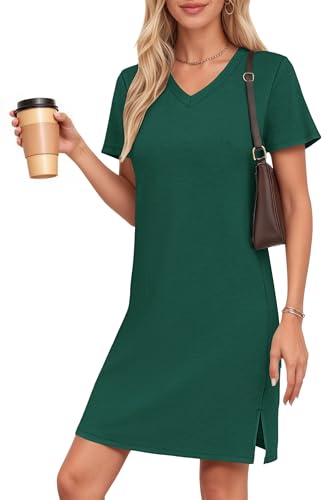 AUSELILY Summer Dress Women Short Sleeve Casual T-Shirt Dress Ladies V-Neck A-Line Beach Sundress Green M