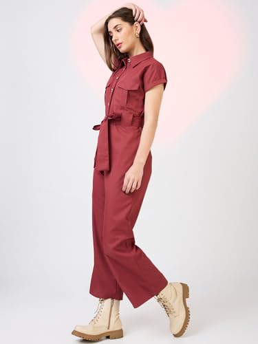 Image of Globus Women Olive Solid Shirt Collar Jumpsuit with Waist Tie-Up-3638458001