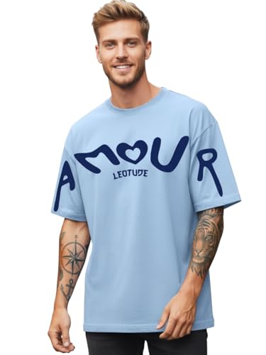 Image of LEOTUDE Half Sleeve Cottonblend Graphic Print Round Neck Drop Shoulder