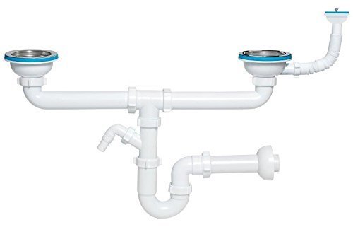 Plumbing4home Double Kitchen Sink Drain Waste P-Trap 115Mm With Extra Overflow/Basket