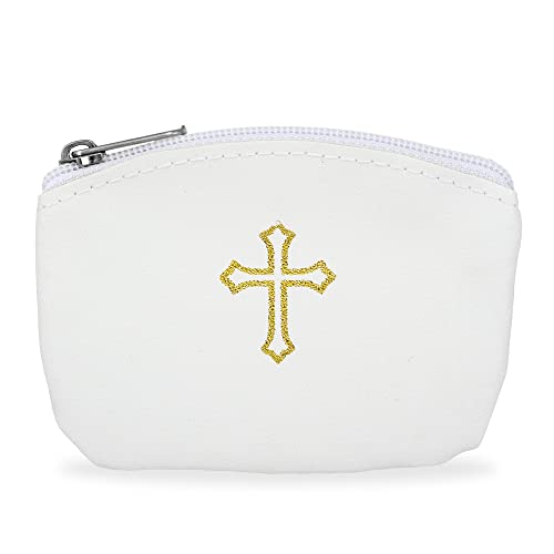 White Rosary Pouch with Zipper & Gold St. Thomas Cross Imprint | Compact Leatherette Rosary Case for Small to Medium Rosaries | Protective Travel Rosary Holder for Men & Women