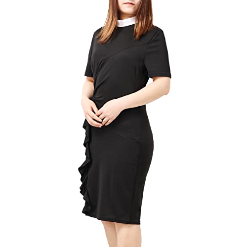 BLESSUME Catholic Church Women Clergy Mass Bodycon Dress Short Sleeve Sheath Dress with White Stand Collar3