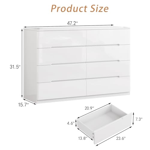Image of White Wood Dresser, 8 Drawer Dressers for Clothes Storage for Bedroom, Modern Dresser with Wide Drawers, Wide Wooden Chest Drawers for Living Room, Entryway, TV Stand
