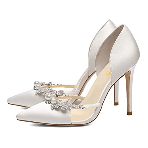 XYD Women Elegant Rhinestones Pearl High Heel Pumps D'Orsay Closed Pointy Toe Stiletto Slip On Wedding Bride Dress Party Shoes3