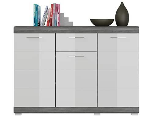 xonox.home - Kommode Scout 120x85x37 cm in Front weiß Hochglanz Korpus rauchsilber Nb - Sideboard Wohnzimmer Highboard Anrichte - modern, geräumig und funktional xonox.home - Kommode Scout 120x85x37 cm in Front weiß Hochglanz Korpus rauchsilber Nb - Sideboard Wohnzimmer Highboard Anrichte - modern, geräumig und funktional