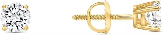 1 Carat tw Round Lab Grown Diamond Stud Earrings for Women | 14K Yellow Gold Screw Back | Classic Solitaire Jewelry Gift for All Occasions