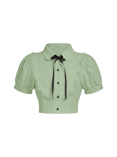 Image of Verdusa Girl's Y2k Cinched Crop Blouse Tie Front Puff Sleeve Ruffle Button Down Collar Shirts