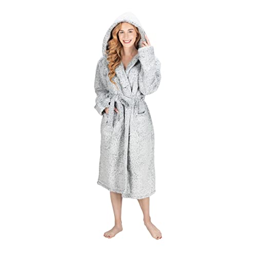 MONHOUSE Womens Bath Robe - Premium Super Soft & Cosy Long Bathrobe - Ladies Thick Flannel Luxury Housecoat - Shearling Spa Gown for Her - Dark Grey Shealing UK 8-10
