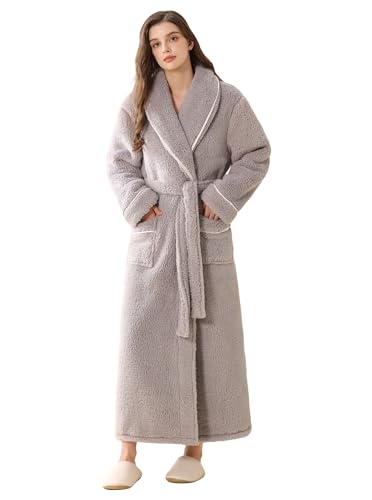 Image of Women Long Plush Fleece Bath Robe | Soft loungewear housecoat, comfy sleepwear for home, suitable as ladies pajamas and nightgown