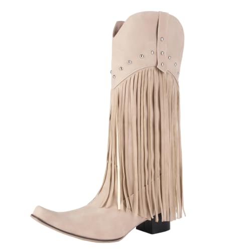 Image of KiutSymo Mid Calf Fringe Boots For Women Cowboy Pointed Toe Chunky Heels Cowgirl Western Tassel Boots