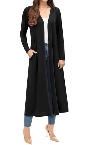 Kinnette Women's Long Cardigans Floor Length Open Front Lightweight Long Sleeve Duster Maxi Cardigan with Pockets (Black, XL)