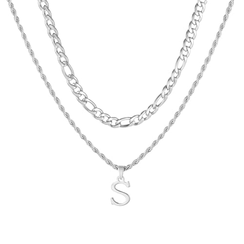 Collar Inicial Para Hombres, Cadena De Acero Inoxidable Y Plata Figaro Torcida Correa De Cuerda Con Colgante De Cadena En Capas De Letras A - Z Collar Hombres CumpleañOs Regalo Padre (Plata S)