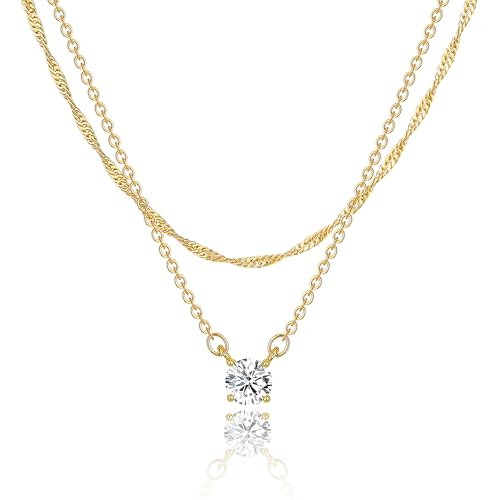 Tewiky Dainty Layered 14K Gold Plated Cubic Zirconia Necklace for Women, Simple Solitaire Pendant Chain Choker Necklaces Set Cute CZ Trendys Gold Jewelry Gift