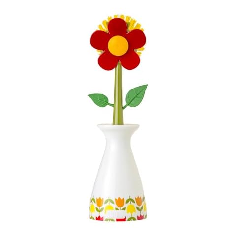 Vigar Flower Power Dish Brush with Vase Brush Holder, Dish Brush with Handle for Pot Scrubber, Dishes, Sink, and Kitchen Essentials, White, Red Cover