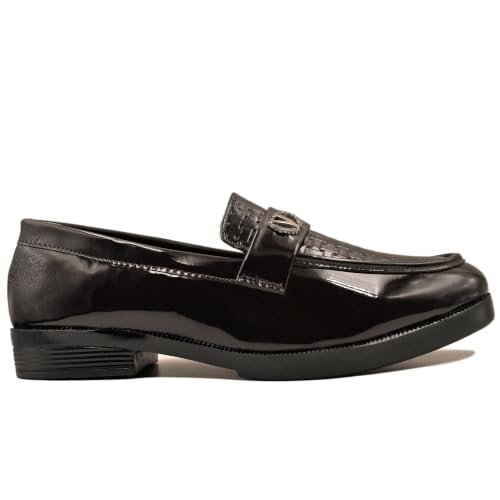 Image of Men's Glossy Loafers | Synthetic Leather | Formal Slip-On Shoes for Men | Woven Texture Patent Finish | Cushioned Comfort | Office, Party & Wedding | Black - Multicolour