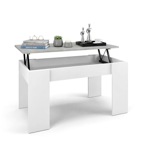 duehome | Mesa de Centro elevable, Mesita de Salón Comedor, Acabado en Blanco Artik y Cemento, Modelo Norak, Medidas: 90 cm (Largo) x 50 cm (Ancho) x 33,8/45,3 cm (Alto)
