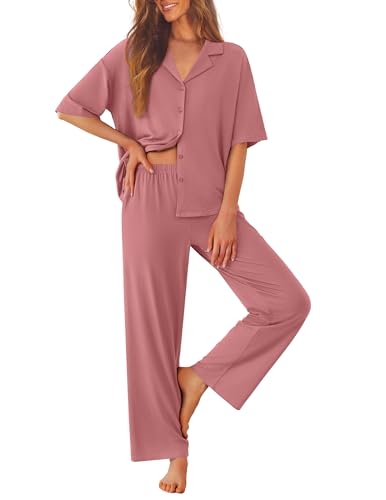 Image of Ekouaer Women Pajamas Set Button Down Sleepwear Short Sleeve Pjs Soft Comfy Nightwear with Long Pants S-XXL