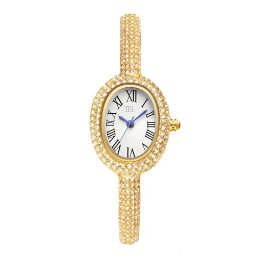 Image of TAKSH Jewels Elliora Luxe | Diamond-Encrusted Gold Bangle Watch | Roman Numeral Oval Dial
