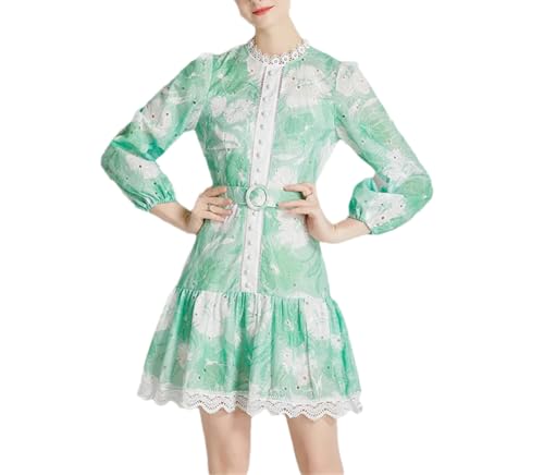 Vestido bordado con estampado hueco para mujer, cuello alto, manga farol, cinturón, vestido de fiesta, En8, S