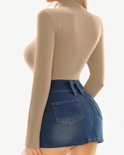 Image of Mangopop Women' Long Sleeve Ribbed Bodysuit Jumpsuits