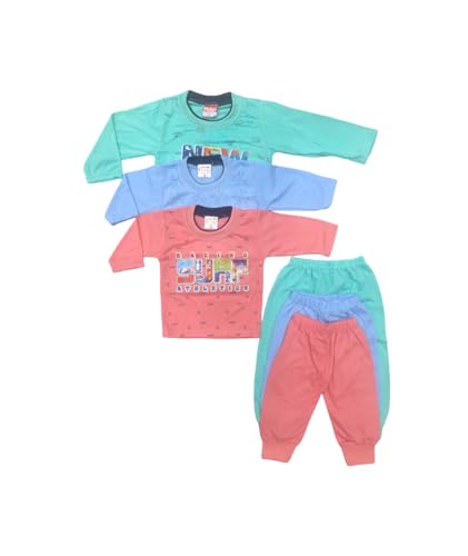 Image of Baby Boy & Baby Girl's Fabulous Collection of Printed Full Sleeves Soft Hosiery Cotton Multicolor Vests T-Shirts with Pyjama Pants Dress for Kids