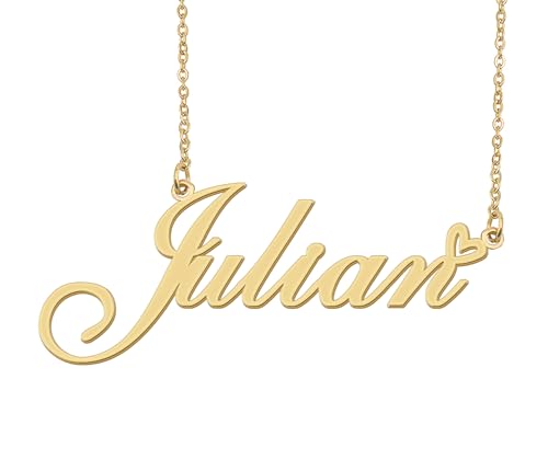 Aoloshow Julian Name Necklace Heart Charm Pendant 18k Gold Plated Stainless Steel Jewelry for Womens Graduation