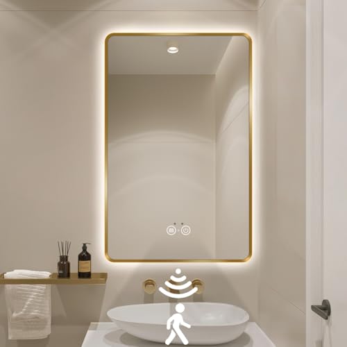 nolsia Gold LED Bathroom Mirror, 32"x24" Smart Mirror with Infrared Motion Sensor Lights, Anti Fog, Stepless Dimmable & Color Temperature Adjustment, Wall Mounted Vanity Mirror Backlit, CRI≥93