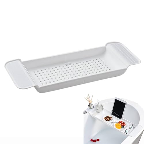 Bathtub Caddy Tray, Expandable Bath Tray for Bathtubs Plastic Shower and Bath Shelf Caddy Adjustable Bath Tub Table Caddy Pad Holder Shampoo Soap Storage Bathroom Accessories Dish Drainer(White)