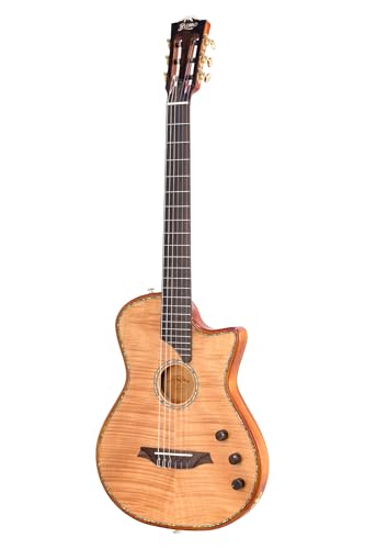 Bromo BEN2C Electric Nylon String Guitar, Thinline Fully Chambered Semi-Hollow Body Slim Neck Dual Pickup Stage Live Performance Fusion Classical Guitar with Hard Case (Natural)