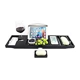 BUDFAY Badewannentablett aus Bambus, ausziehbares Bambus-Badewannenregal mit Buchhalter, Seifenhalter, Flachregal.Verstellbares Badewannentablett.…