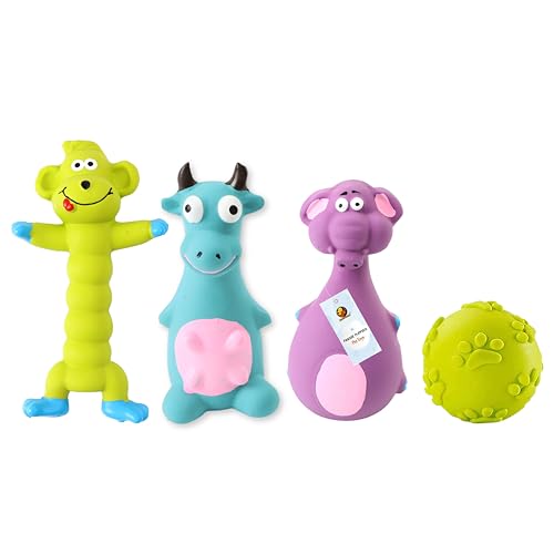 Image of Foodie Puppies 4-in-1 Combo of Latex Squeaky Toy for Small to Medium Dogs - (Green Monkey + Purple Elephant + Blue Bull + Claw Ball) | Non-Toxic, Soft Rubber, Interactive, Chewing, Fetch Play Toy