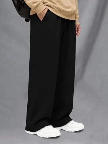 Image of Men's Black Wide Leg Track Pants | Oversized Baggy Loose Fit Trousers for Men | Casual Straight Fit Lower with Elastic Waist for Gym, Travel