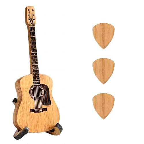 Wooden Guitar Pick Box with Stand,Mini Storage Box for Guitarists-3PCS Unique Guitar PicksMusician Engraved Wooden Plectrum Case,Acoustic Guitar Box for Electric Bass Guitar Ukulele Lover