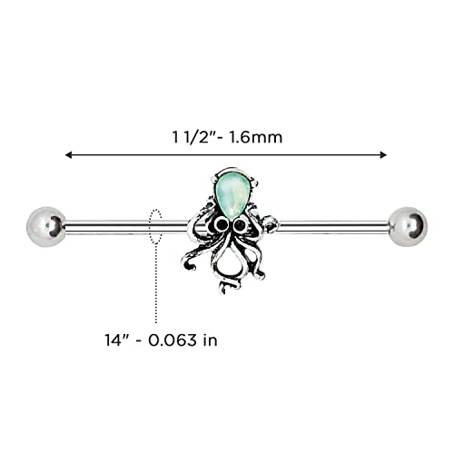 Pierce2Go Octopus Industrial Barbell Bar Ear Piercing - 316L Surgical Grade Stainless Steel With Aqua Stone - Barbell Ear Piercing Octopus Pendant For Women And Men Unisex #TOP4
