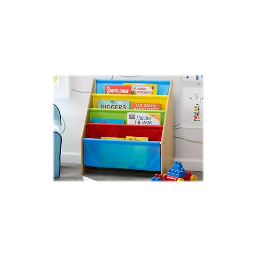 Image of Delta Children Sling Book Rack Bookshelf, 4-Tier Wooden Shelf with Soft Fabric Pockets, Ideal for Playroom, Living Room, Basement, or Bedroom