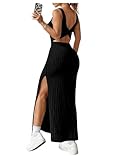 GORGLITTER Women's Twist Backless Split Thigh Tank Sundress Square Neck Sleeveless Bodycon Sexy Long Dresses Black Large