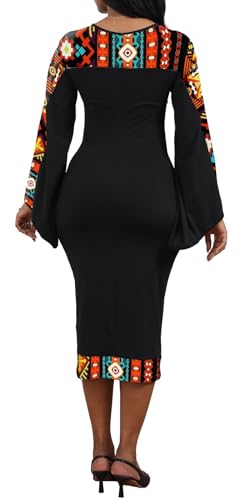 Oxgmoky Women's African Print Dress Work Business Bodycon Long Sleeve Round Neck Pencil Dresses2