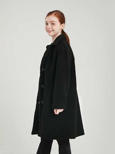 maoo garden Mädchen Langer Wintermantel aus Sherpa-Fleece Leichter Übergangsmantel im Peacoat-Stil mit Trenchcoat-Längenschnitt für Schulkinder Schwarz 164
