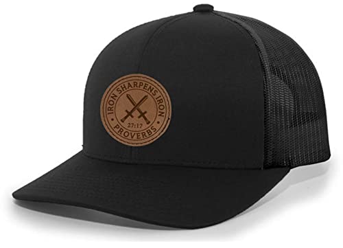 Heritage Pride Christian Iron Sharpens Iron Proverbs 27:17 Laser Engraved Leather Patch Mesh Back Trucker Hat, Black/Black