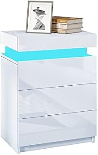 White Bedside Table with LED Light Nightstand High Gloss Bedside Cabinet Unit with 3 Drawers & Flip Cover for Bedroom Living Room