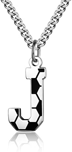 AIAINAGI Soccer Initial A-Z Letter Necklace for Men Soccer Charm Pendant Stainless Steel Silver Chain 22inch Personalized Soccer Gift for Men