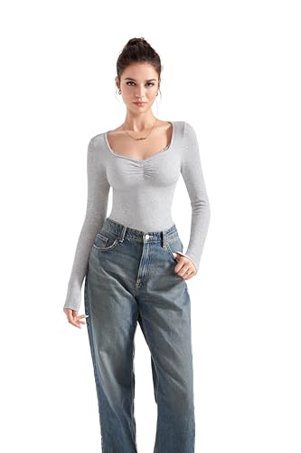 Image of SUUKSESS Women Sweetheart V Neck Long Sleeve Tops Lace Trim Ribbed Modal Fall Going Out Shirts