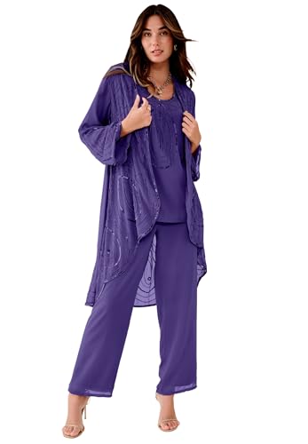 Roaman's Beaded Georgette Scoop Neck 3-Piece Pant Set Midnight Violet