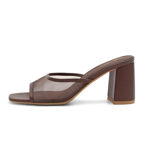 Image of Women's Heeled Sandals Mesh Mules Square Open Toe Block Chunky Heel Slip On Slide Sandals Comfy Dressy Summer Party Shoes