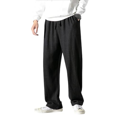 Mokloha Men's Pants, New Men's Casual Hemp Fabric Embroidered Logo Drawstring Loose Elastic Waist Pocket Trousers