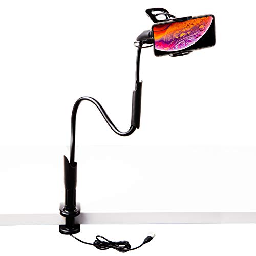 PEAK MOTION Universal Phone Holder Bracket with Charger Cable and Long Arm Clip