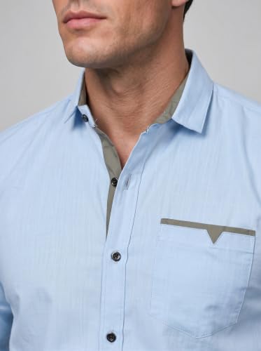 Image of Men's Cotton Blend Shirt with Solid Long Sleeves Spread Coller Neck Regular Fit Single Chest Pocket and Standard Length | Cotton Casual Shirt for Man